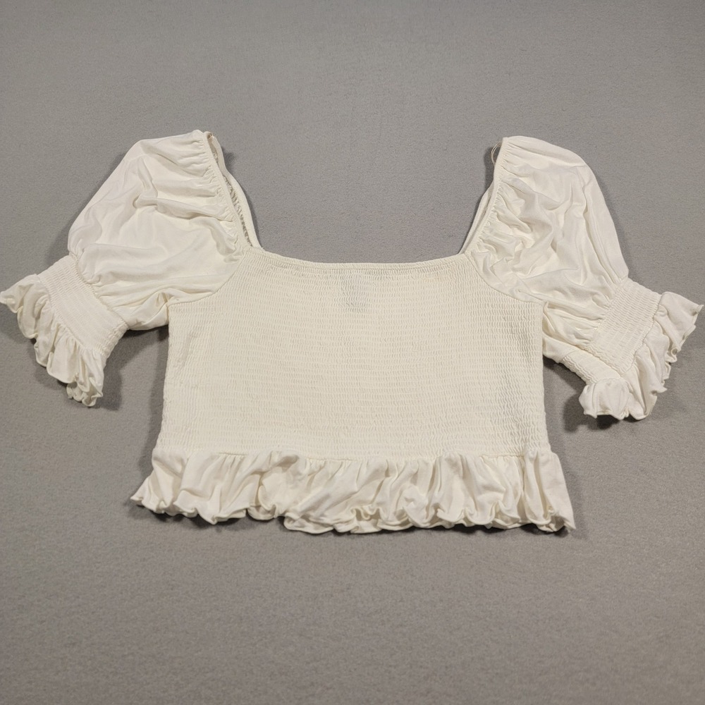 Forever 21 Crop Top White Smocked Ruffle Puff Sleeve Square Neck Size Large